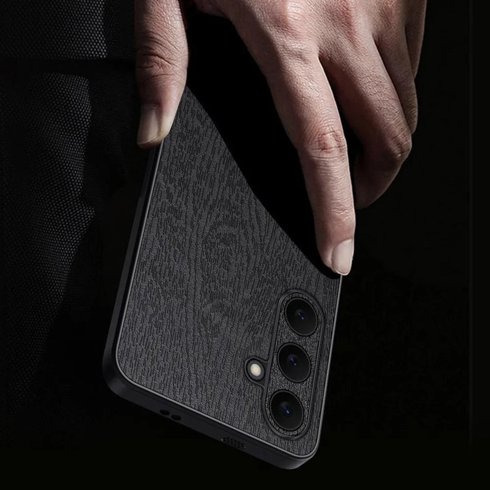 For Samsung Galaxy S25 FE Case Wood Texture PU Leather Coated PC TPU Phone Cover - Black - 3