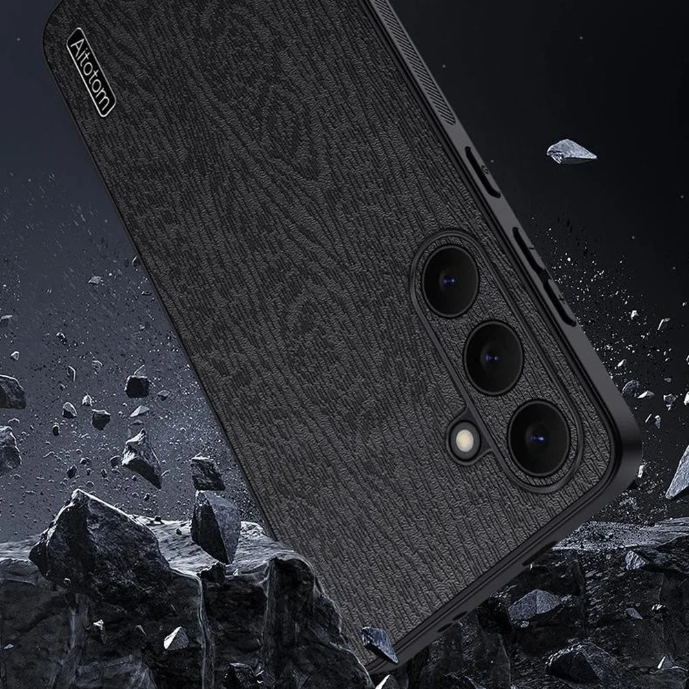 For Samsung Galaxy S25 FE Case Wood Texture PU Leather Coated PC TPU Phone Cover - Black - 4