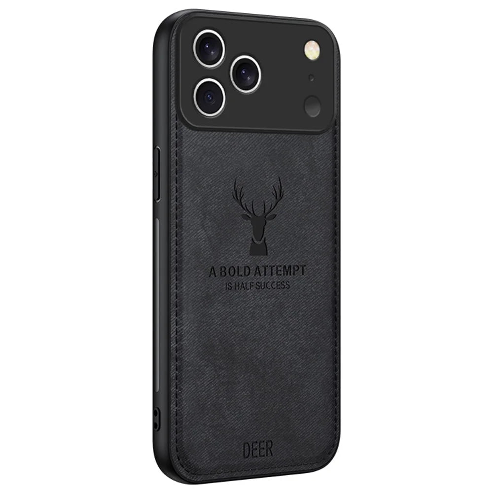 For iPhone 17 Pro Max Case Deer Pattern Cloth Texture PU + PC + TPU Phone Cover - Black - 1