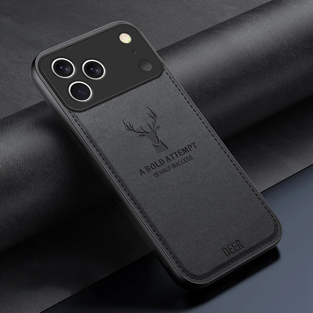 For iPhone 17 Pro Max Case Deer Pattern Cloth Texture PU + PC + TPU Phone Cover - Black - 2