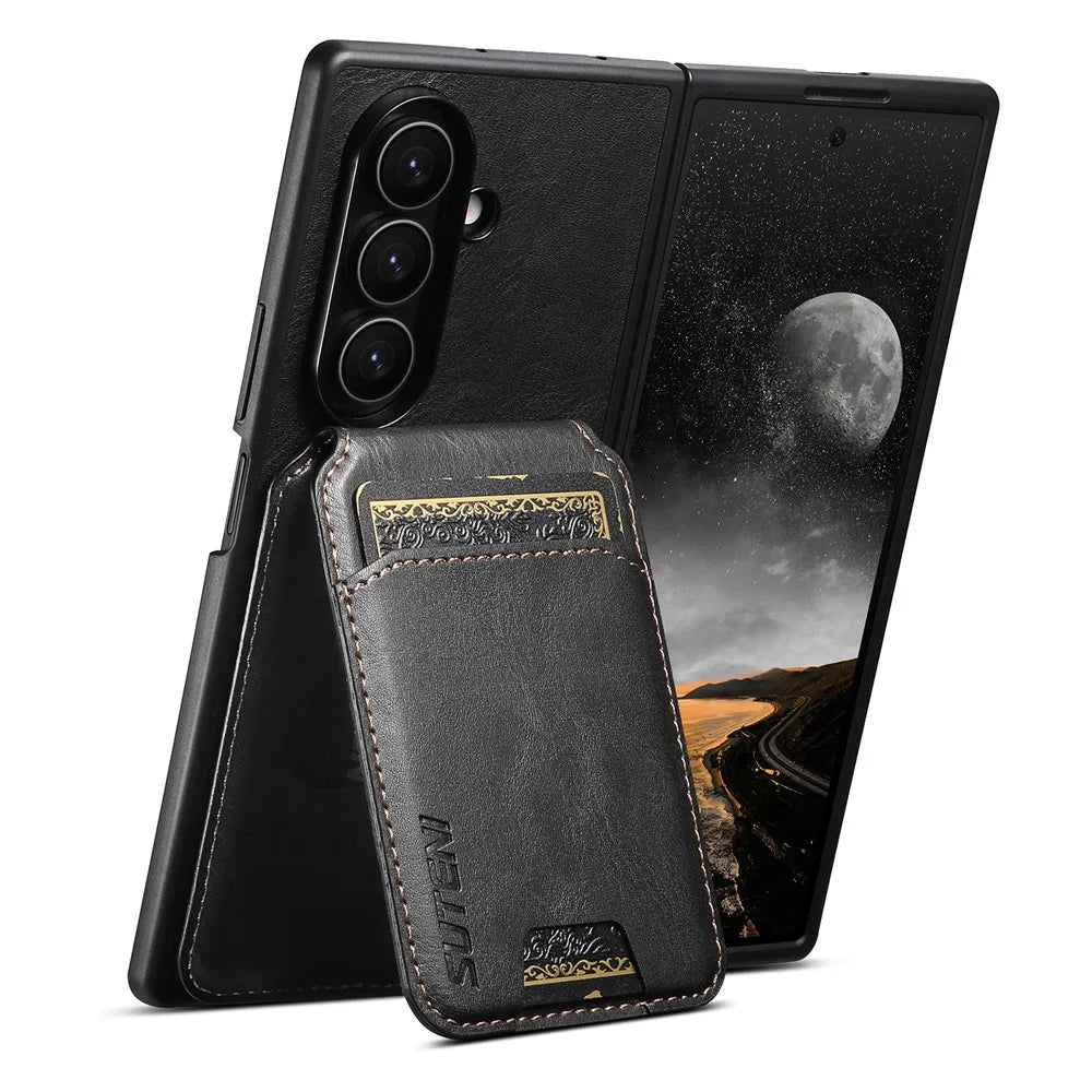 SUTENI H02 For Samsung Galaxy Z Fold7 5G Case Waxy Texture Leather + PC Card Slots Kickstand Phone Cover - Black - 4