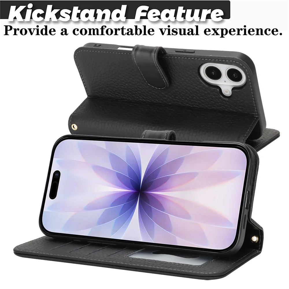 For iPhone 17 Stand Case Litchi Texture Genuine Cow Leather Wallet Phone Cover RFID Blocking - Black - 3