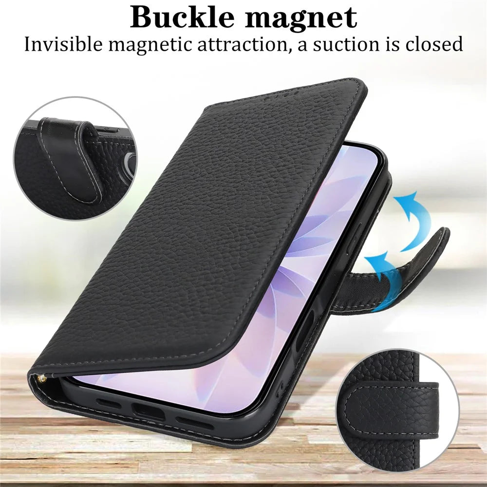 For iPhone 17 Stand Case Litchi Texture Genuine Cow Leather Wallet Phone Cover RFID Blocking - Black - 5
