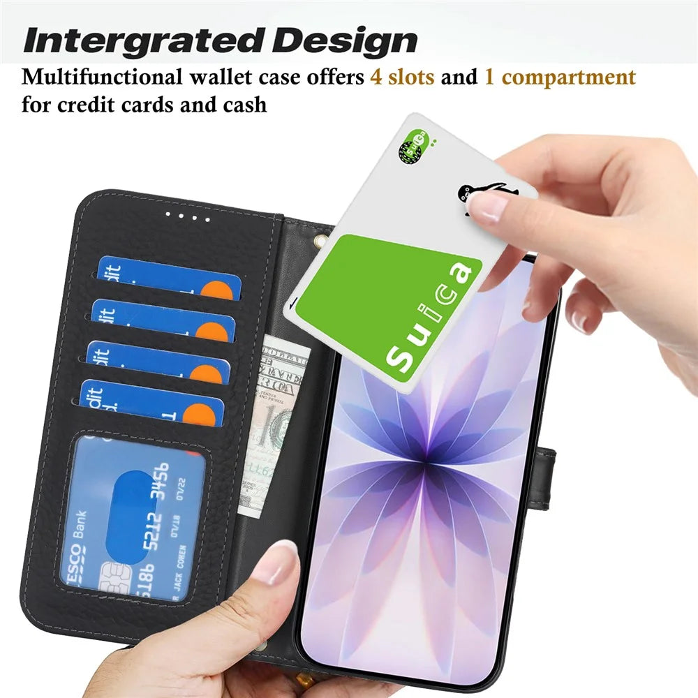 For iPhone 17 Stand Case Litchi Texture Genuine Cow Leather Wallet Phone Cover RFID Blocking - Black - 6