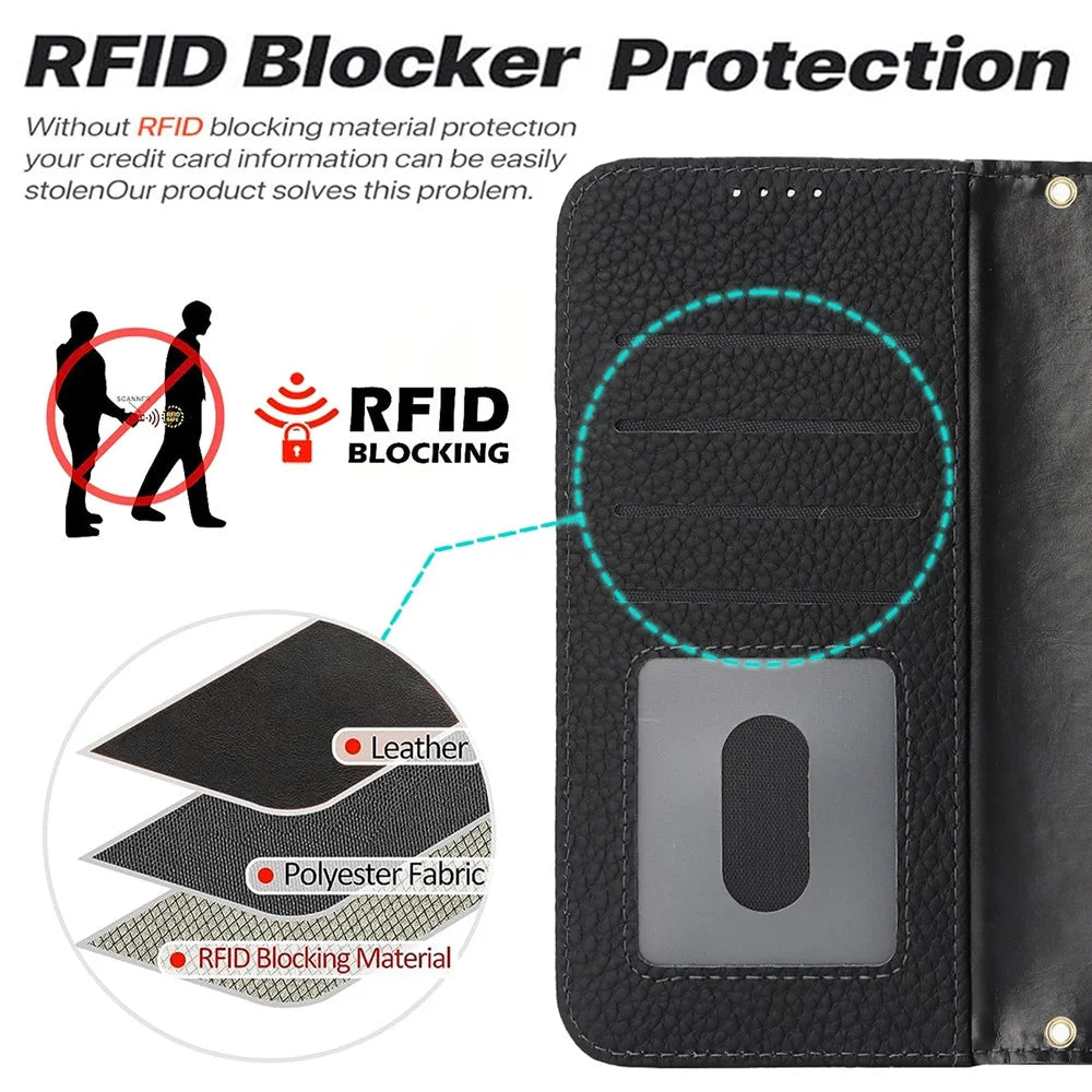 For iPhone 17 Stand Case Litchi Texture Genuine Cow Leather Wallet Phone Cover RFID Blocking - Black - 7