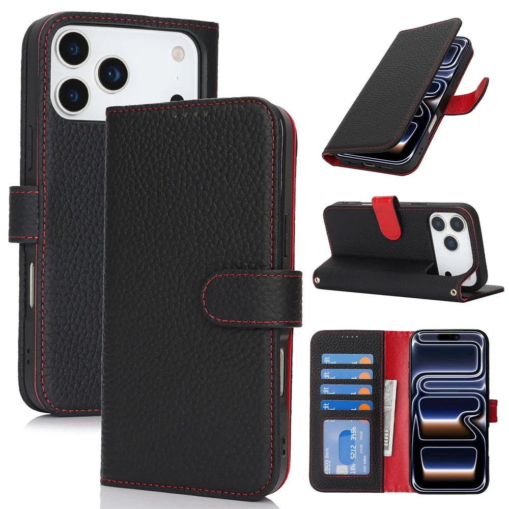 For iPhone 18 Pro / 17 Pro Stand Case Litchi Texture Genuine Cow Leather Wallet Phone Cover RFID Blocking - Black  /  Red - 1