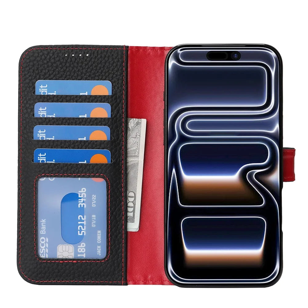 For iPhone 18 Pro / 17 Pro Stand Case Litchi Texture Genuine Cow Leather Wallet Phone Cover RFID Blocking - Black  /  Red - 2