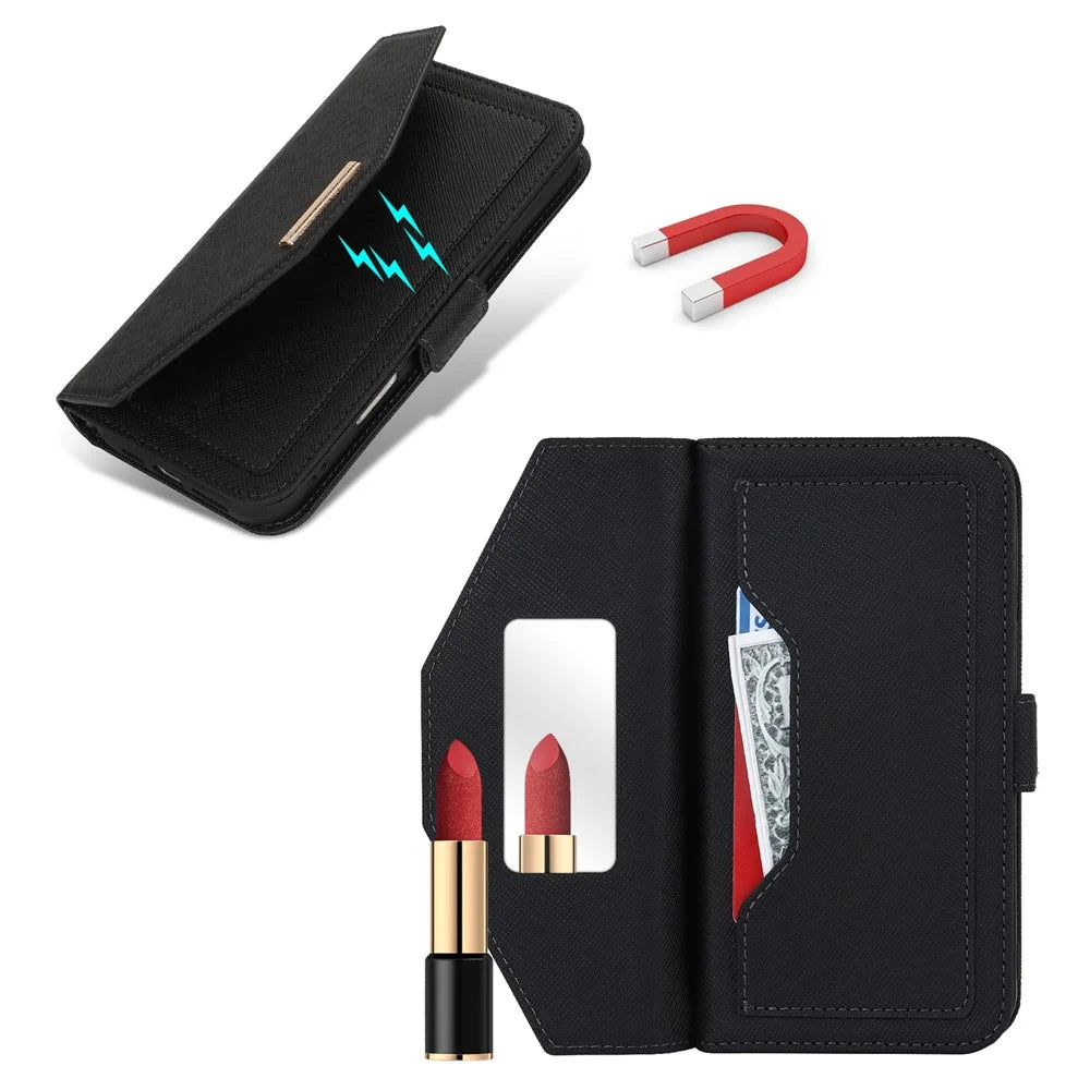 For iPhone 17 Stand Case Cross Texture PU Leather Wallet Phone Cover with Shoulder Strap  /  Makeup Mirror - Black - 2