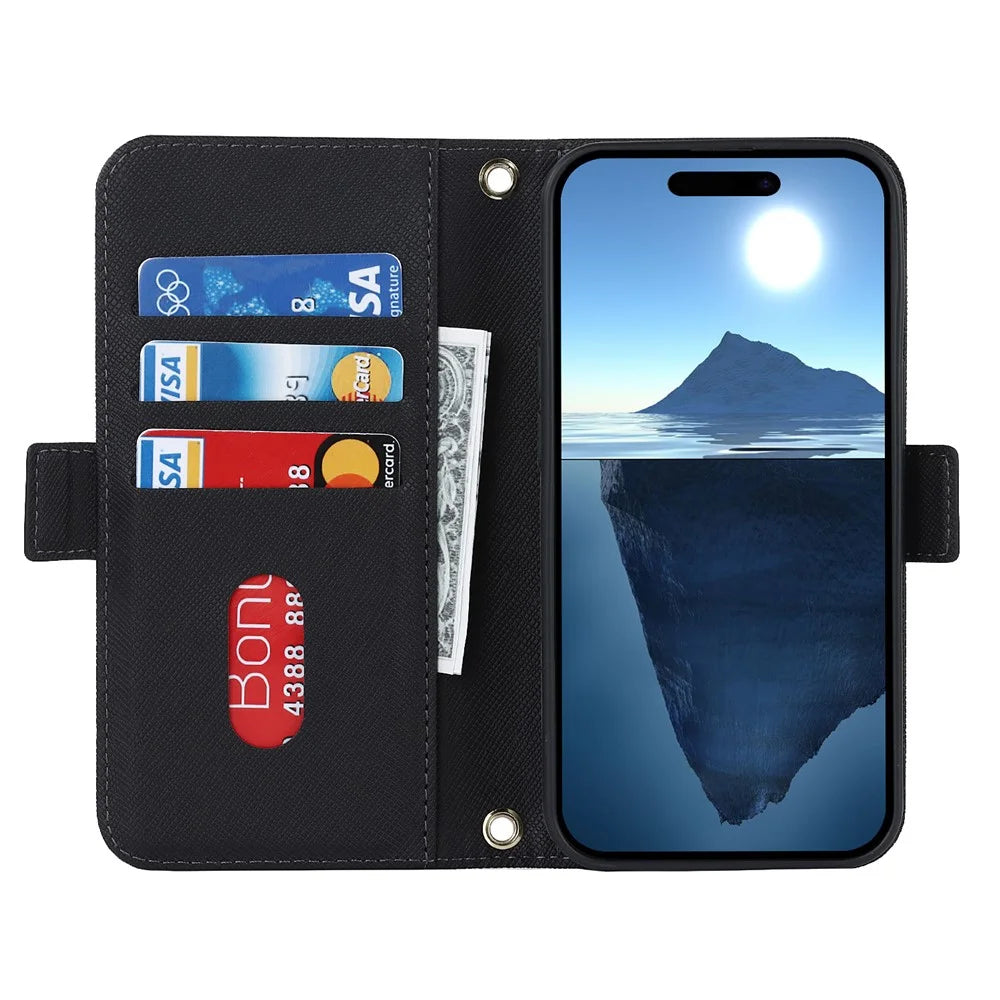 For iPhone 17 Stand Case Cross Texture PU Leather Wallet Phone Cover with Shoulder Strap  /  Makeup Mirror - Black - 4