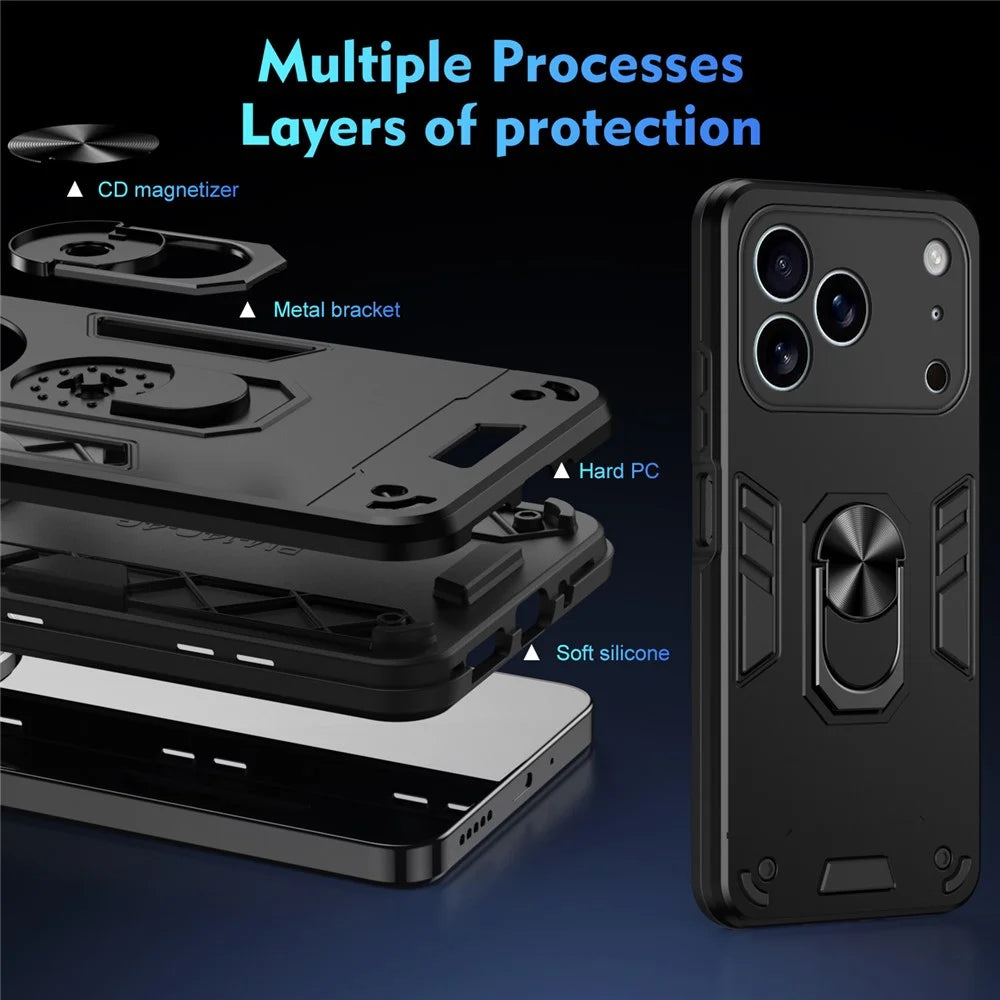 For iPhone 17 Pro Case PC + TPU Drop Defend Phone Cover with Ring Kickstand - Black - 7