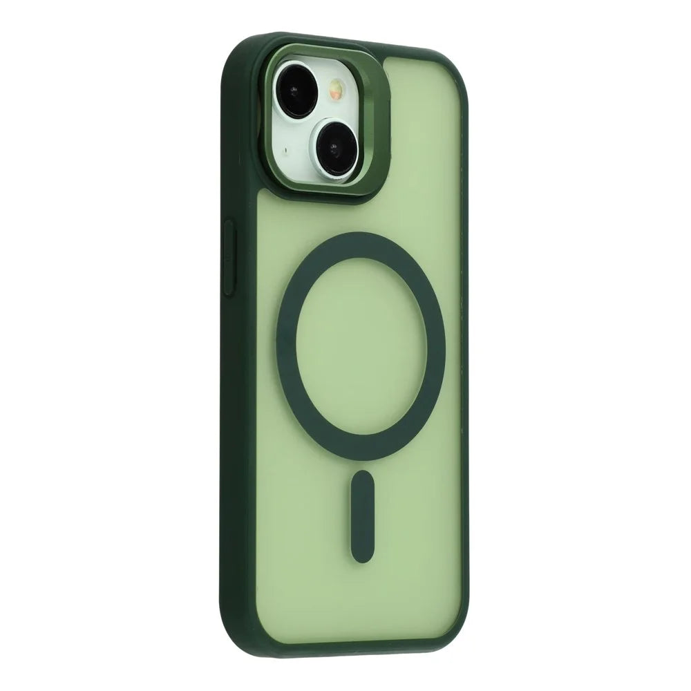 For iPhone 15 Plus / 14 Plus Case Compatible with MagSafe Lens Kickstand TPU + PC Matte Phone Cover - Dark Green - 1