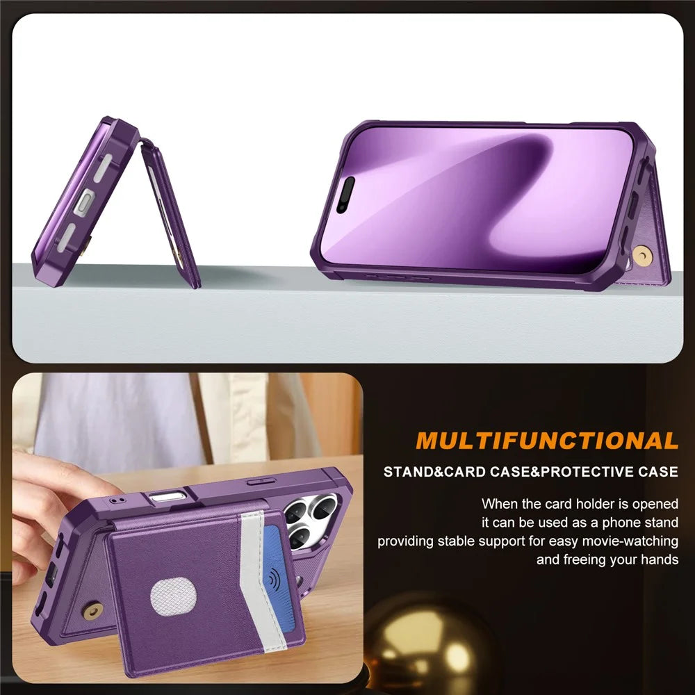 For iPhone 17 Pro Case RFID Blocking Card Slot Kickstand Leather + TPU Phone Cover - Purple - 6