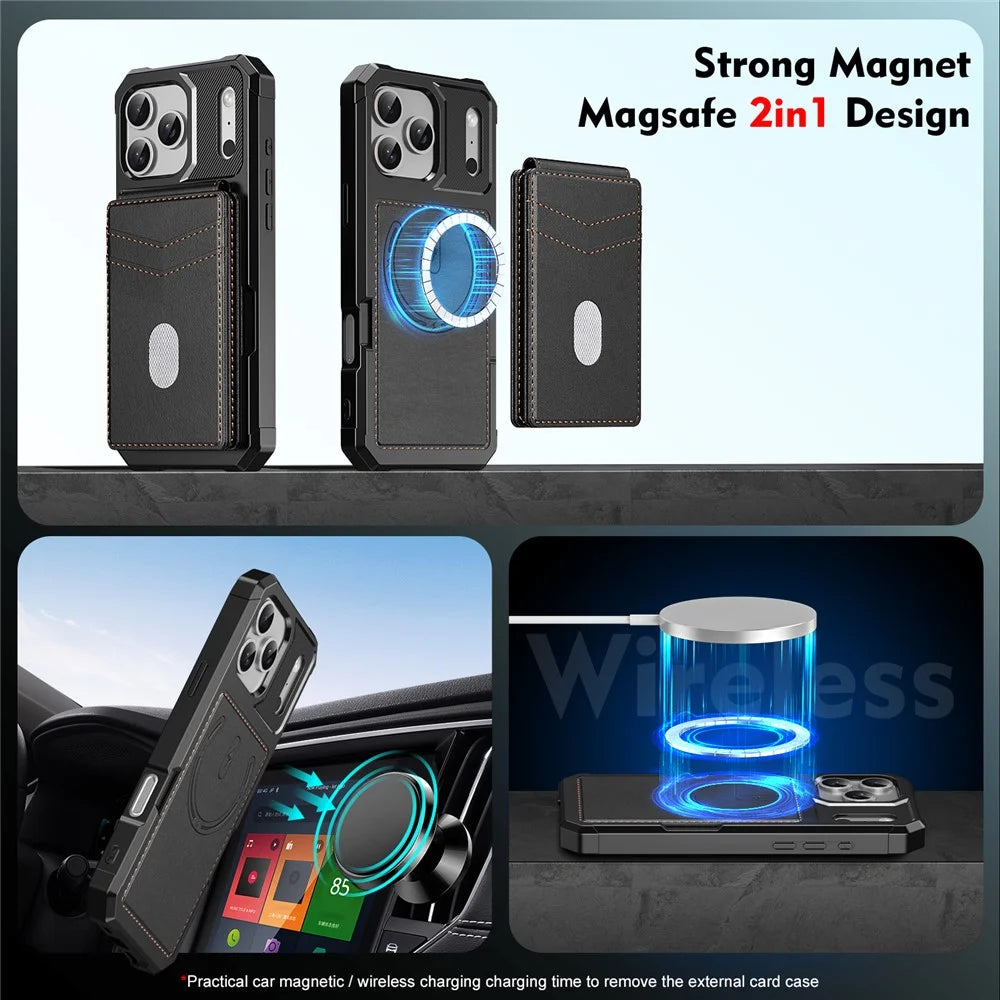 For iPhone 17 Pro Magnetic Case Detachable Card Slot Kickstand Leather + TPU Phone Cover - Black - 5