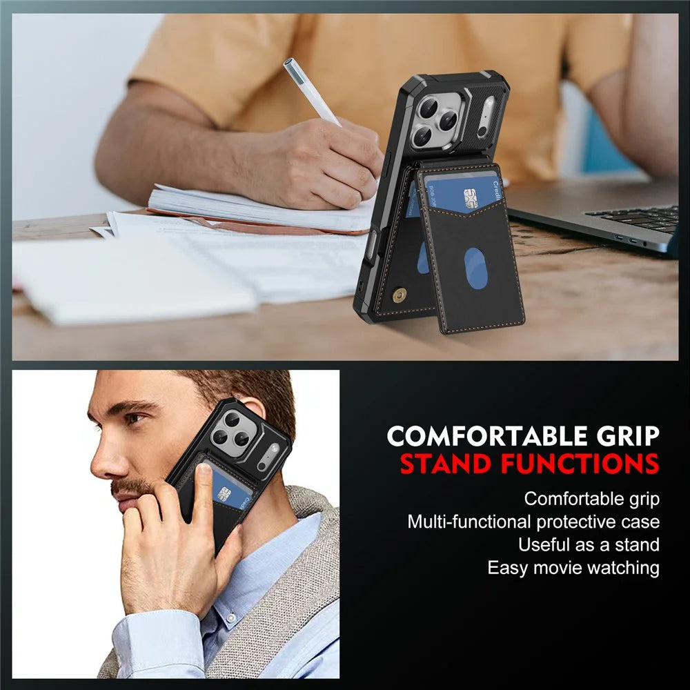 For iPhone 17 Pro Magnetic Case Detachable Card Slot Kickstand Leather + TPU Phone Cover - Black - 6