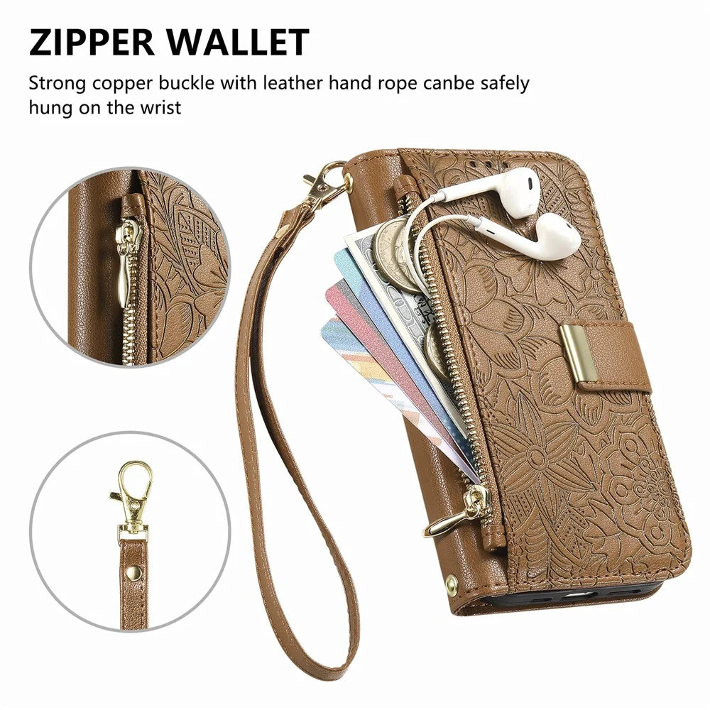 For iPhone 18 Pro / 17 Pro Case Floral Leaf Pattern Multi Card Slots Zipper Leather Phone Cover with Wrist Strap - Brown - 6