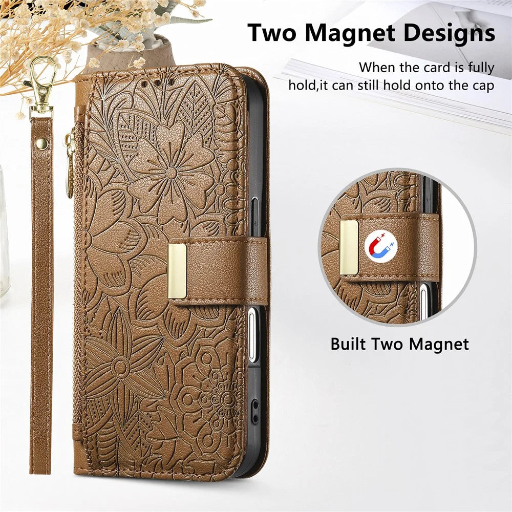 For iPhone 18 Pro / 17 Pro Case Floral Leaf Pattern Multi Card Slots Zipper Leather Phone Cover with Wrist Strap - Brown - 7