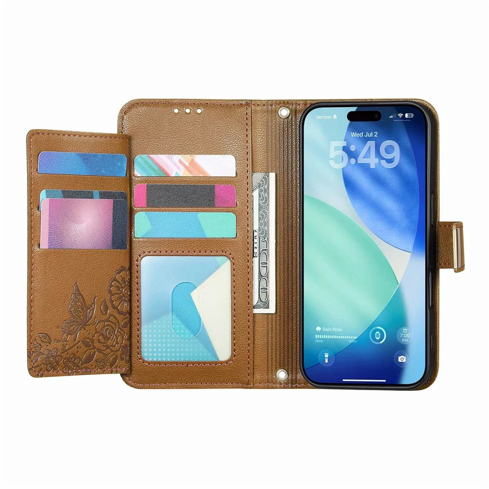For iPhone Air Case Floral Leaf Pattern Multi Card Slots Zipper Leather Phone Cover with Wrist Strap - Brown - 2