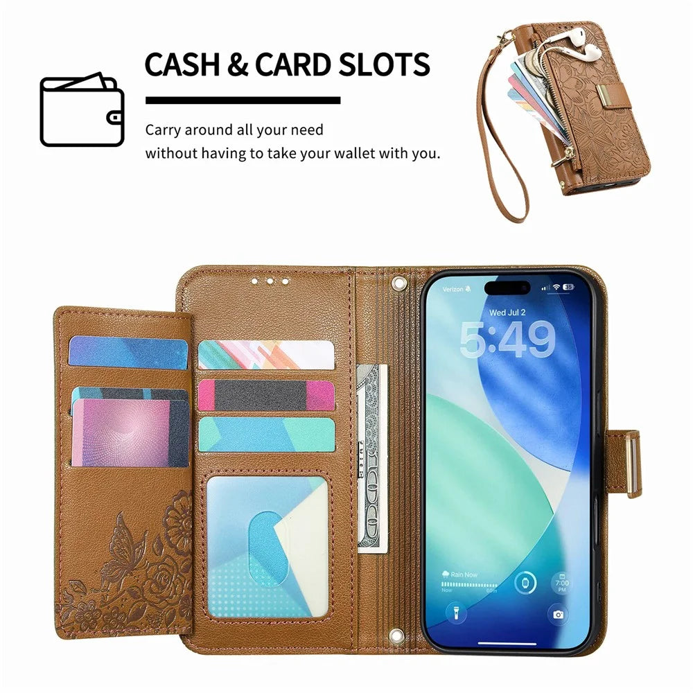 For iPhone Air Case Floral Leaf Pattern Multi Card Slots Zipper Leather Phone Cover with Wrist Strap - Brown - 5