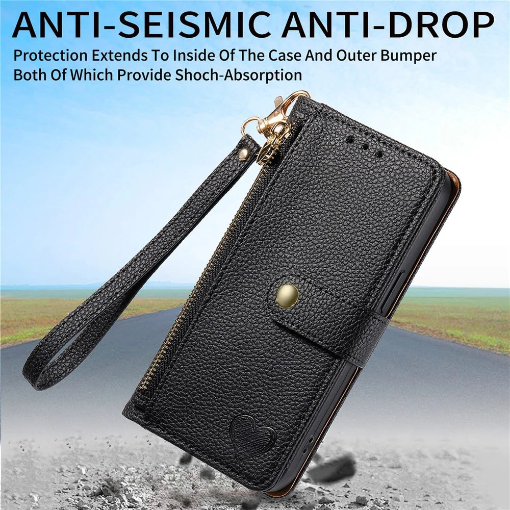 For iPhone 18 Pro Max / 17 Pro Max Case RFID Blocking Zipper Pocket Leather Wallet Phone Cover with Strap - Black - 5