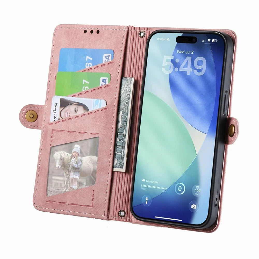 For iPhone 18 Pro Max / 17 Pro Max Case Zipper Wallet Geometry Lines Leather Phone Cover with Strap - Pink - 2