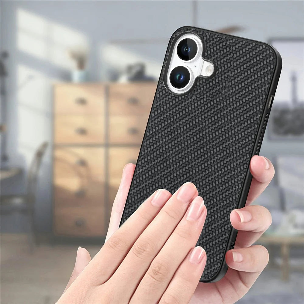 For iPhone 16 Case Carbon Fiber Texture PU Leather + PC + TPU Phone Cover - Black - 7