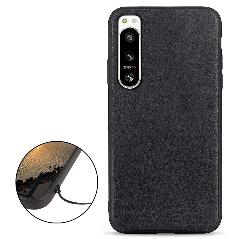 For Sony Xperia 5 IV 5G Textured Genuine Leather Coated TPU Case Drop Protection Protective Phone Cover - Black - 2