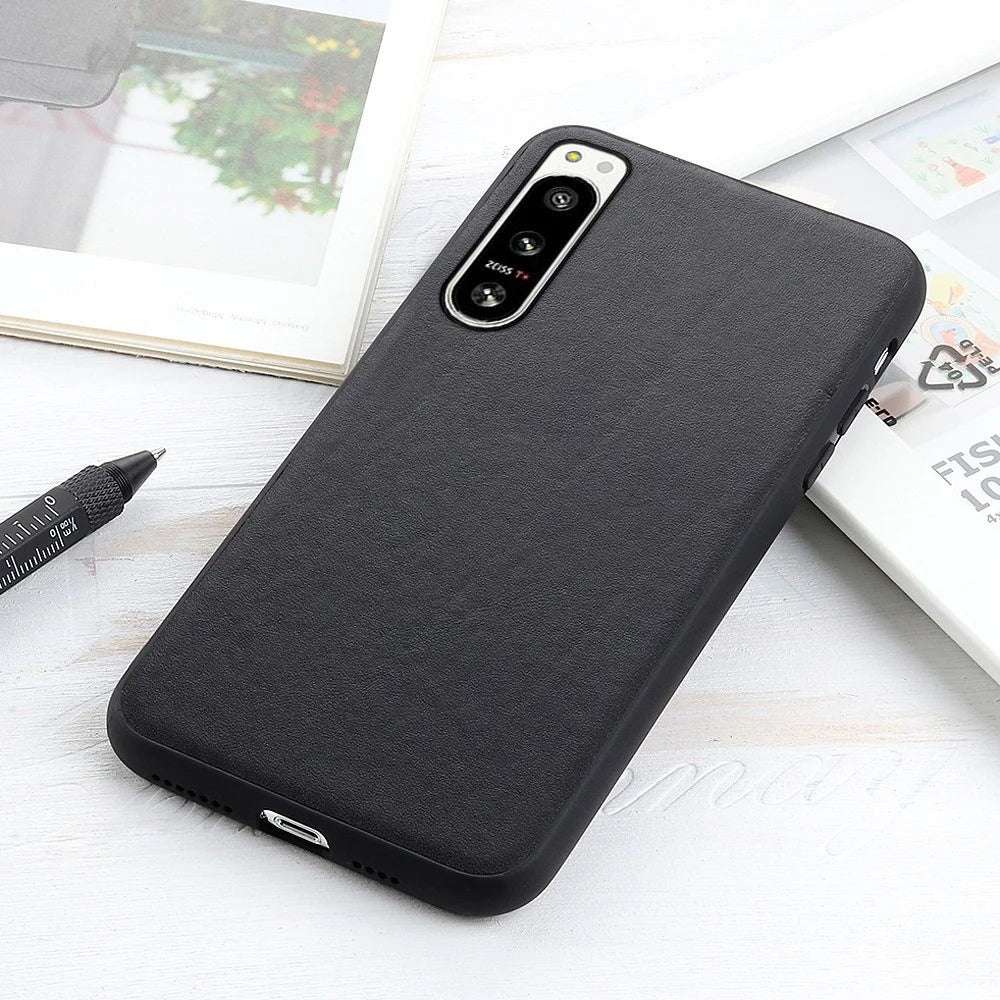 For Sony Xperia 5 IV 5G Textured Genuine Leather Coated TPU Case Drop Protection Protective Phone Cover - Black - 3