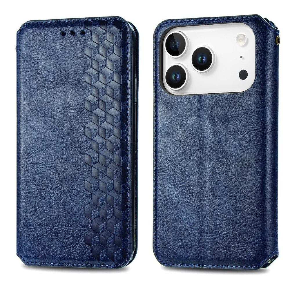 For iPhone 18 Pro Max / 17 Pro Max Case Rhombus Imprint PU Leather Wallet Phone Cover - Blue - 1