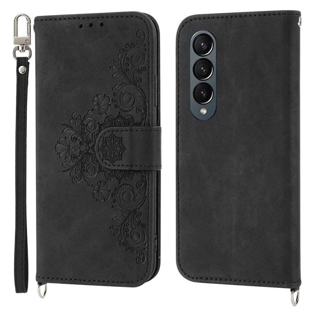 For Samsung Galaxy Z Fold3 5G Imprinted Flowers Skin-touch Phone Case PU Leather Wallet Stand Magnetic Clasp Cover with Shoulder Strap - Black - 1