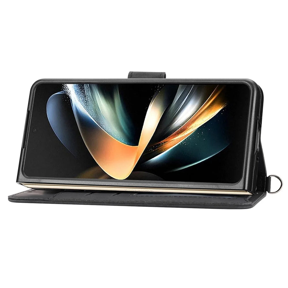 For Samsung Galaxy Z Fold3 5G Imprinted Flowers Skin-touch Phone Case PU Leather Wallet Stand Magnetic Clasp Cover with Shoulder Strap - Black - 2