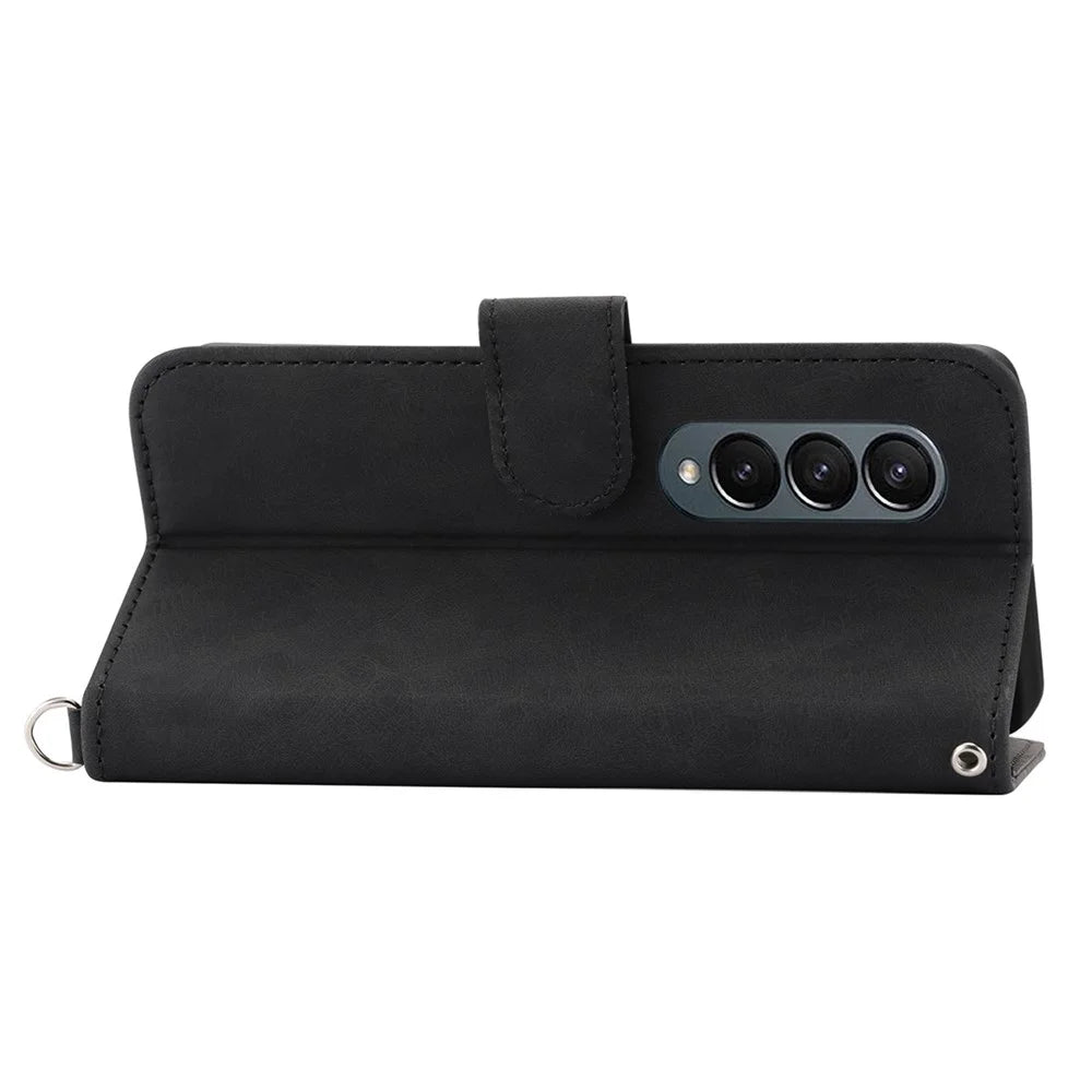 For Samsung Galaxy Z Fold3 5G Imprinted Flowers Skin-touch Phone Case PU Leather Wallet Stand Magnetic Clasp Cover with Shoulder Strap - Black - 3