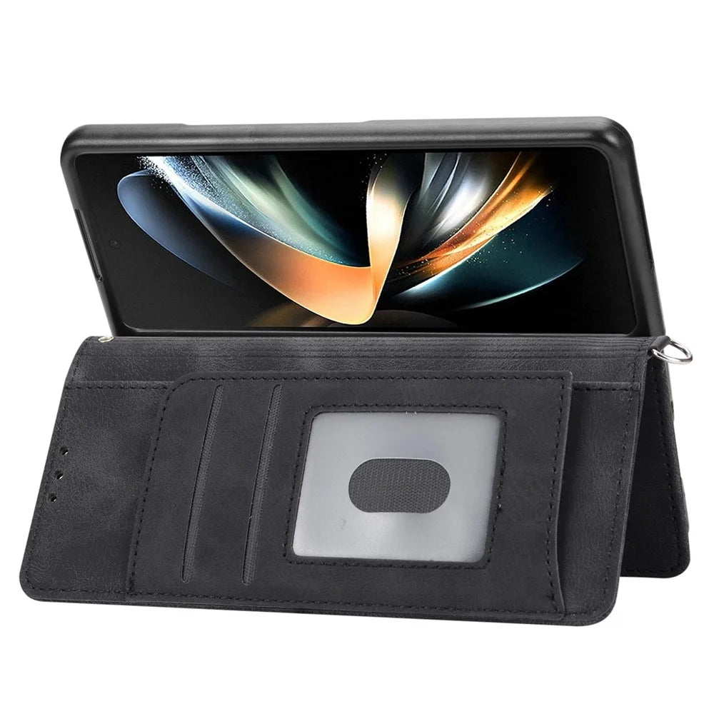 For Samsung Galaxy Z Fold3 5G Imprinted Flowers Skin-touch Phone Case PU Leather Wallet Stand Magnetic Clasp Cover with Shoulder Strap - Black - 4