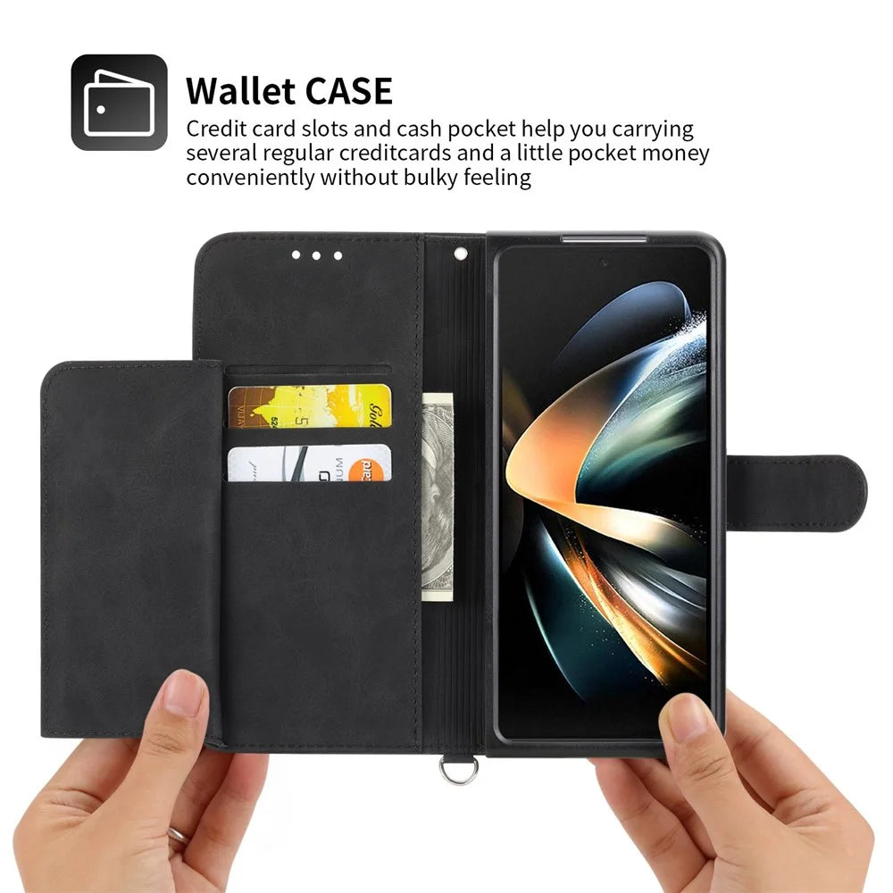 For Samsung Galaxy Z Fold3 5G Imprinted Flowers Skin-touch Phone Case PU Leather Wallet Stand Magnetic Clasp Cover with Shoulder Strap - Black - 5