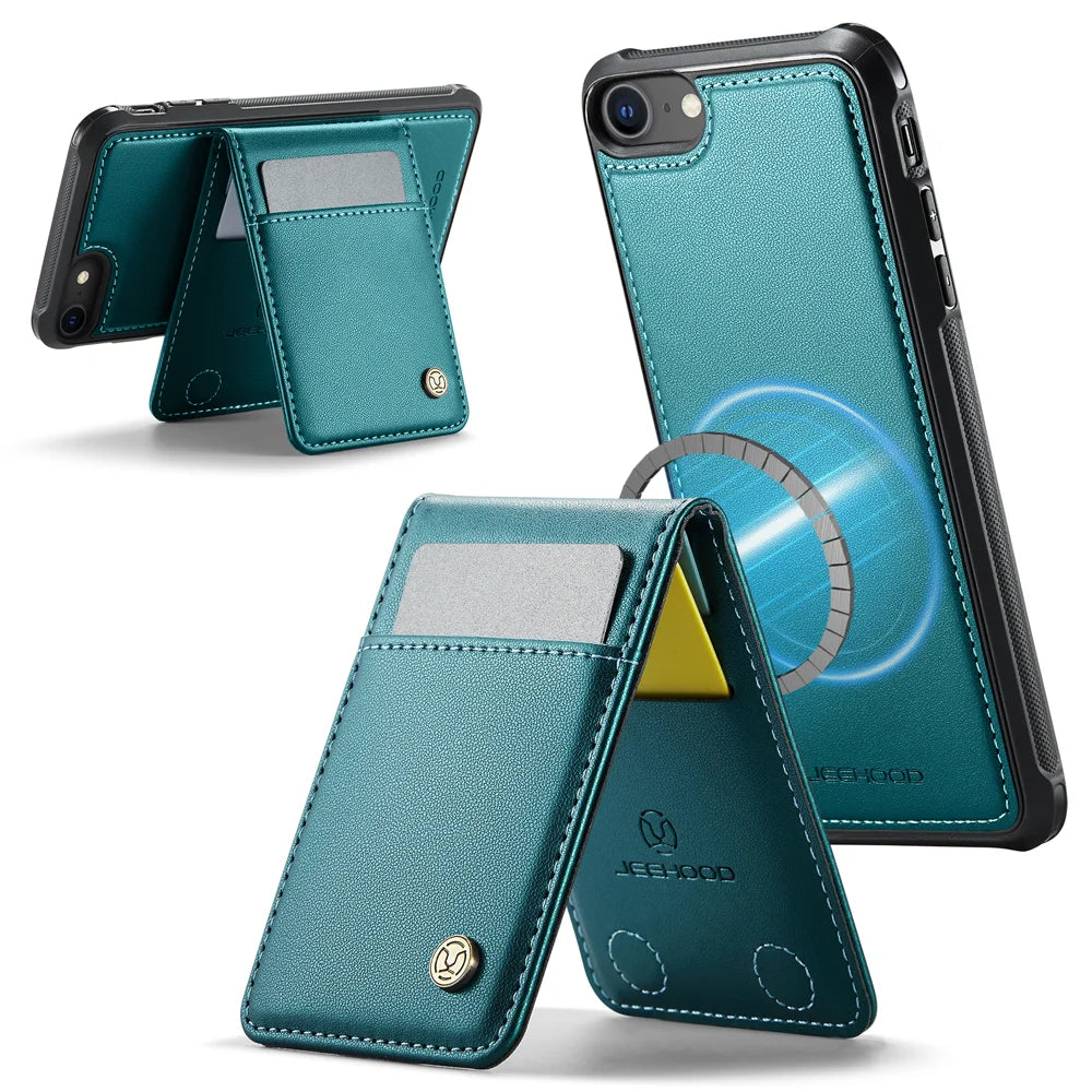 JEEHOOD For iPhone 8 4.7 inch / iPhone SE (2020) / iPhone SE (2022) / iPhone 7 4.7 inch Leather Back Cover Compatible with MagSafe  J06 Phone Case with Card Bag RFID Blocking - Blue - 2