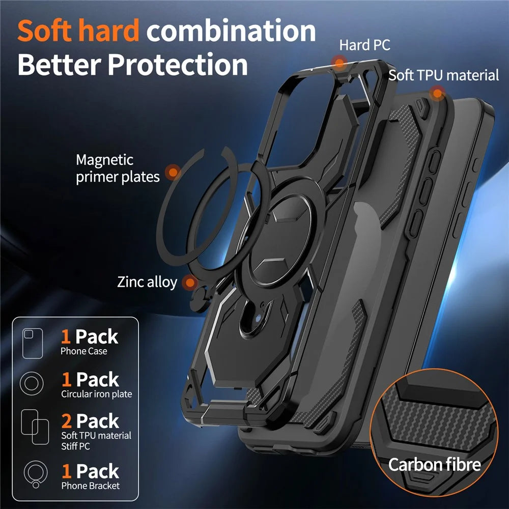 For iPhone 14 Pro Magnetic Case Ring Kickstand PC + TPU Hybrid Phone Cover - Black - 3