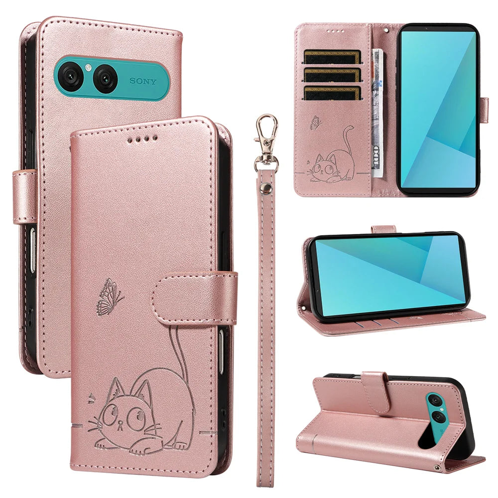For Sony Xperia 10 VII Case Cat Pattern Imprint Leather Phone Cover with Wrist Strap - Rose Gold - 1