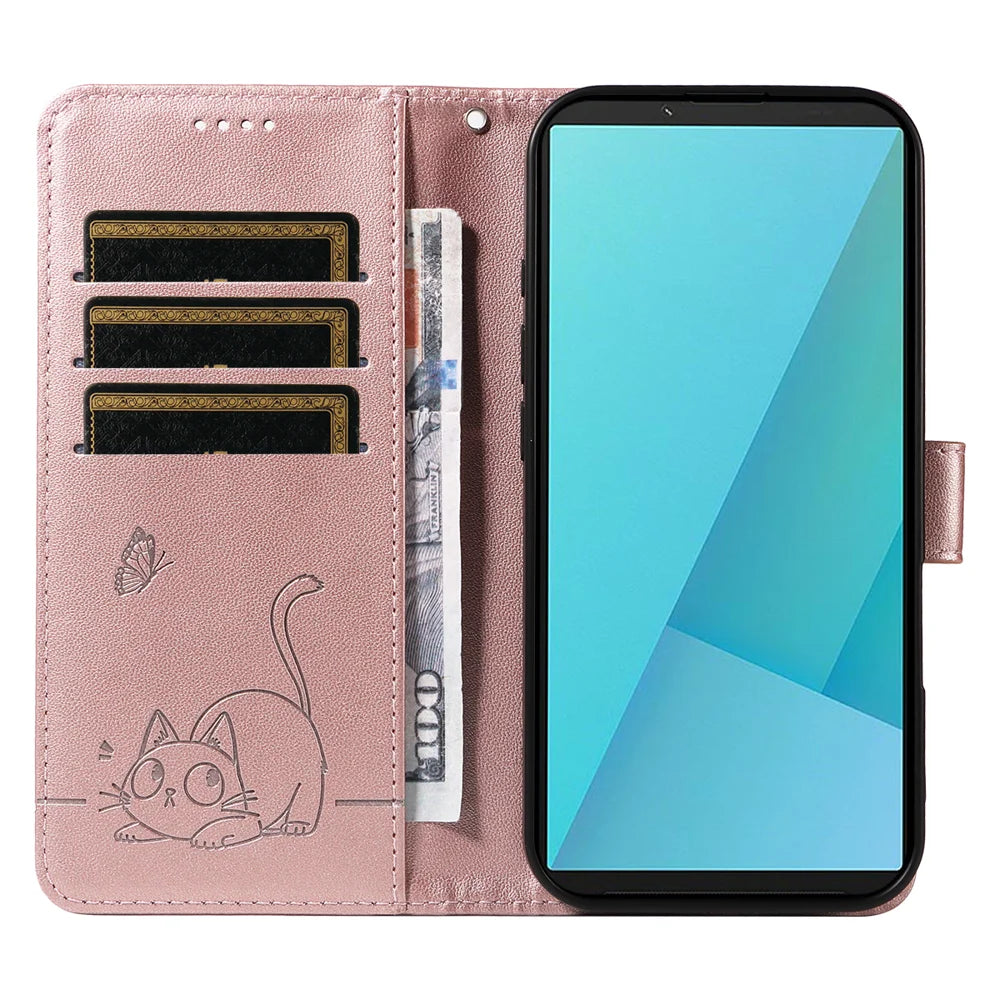 For Sony Xperia 10 VII Case Cat Pattern Imprint Leather Phone Cover with Wrist Strap - Rose Gold - 2