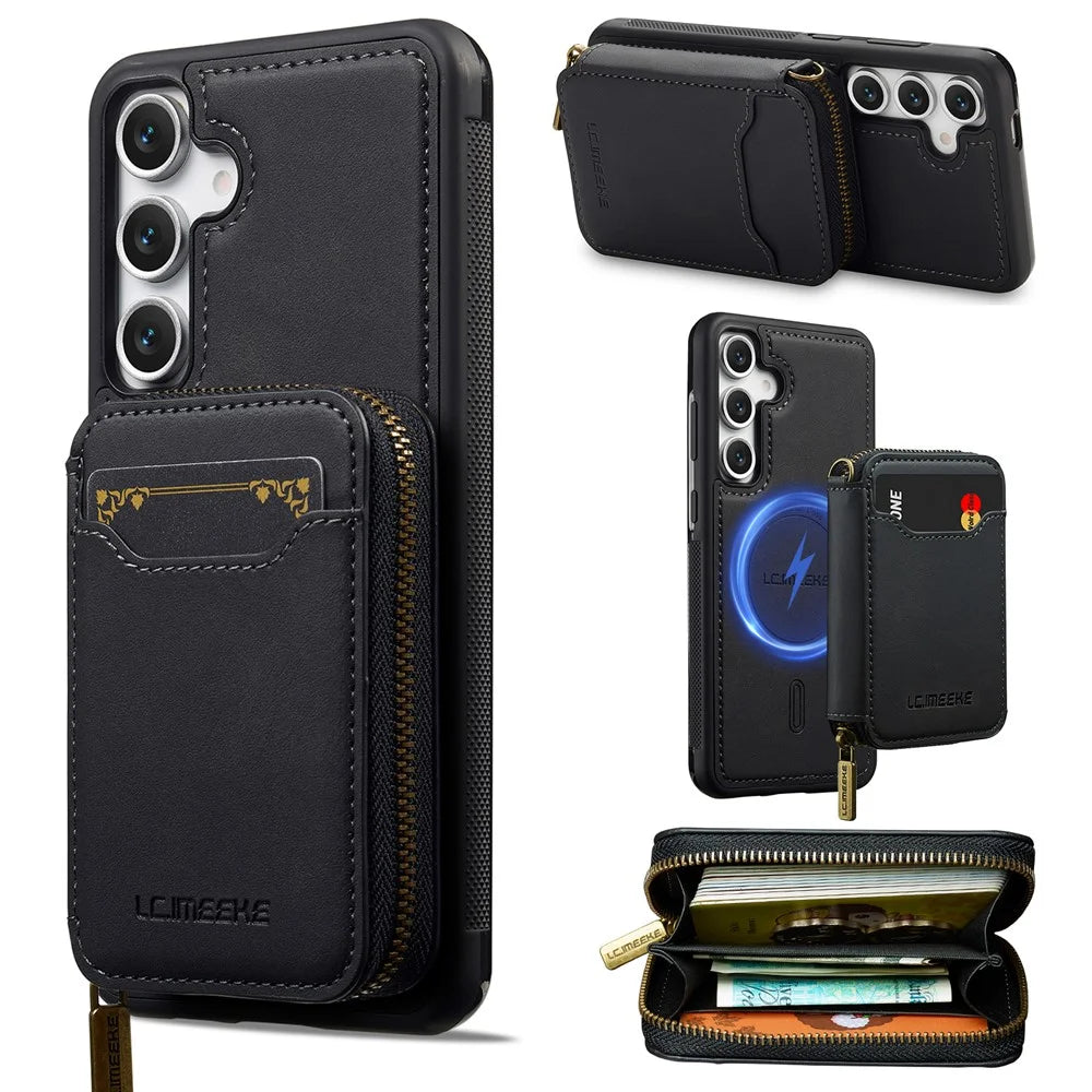 LC.IMEEKE L6 For Samsung Galaxy S25 FE Magnetic Case Detachable Zipper Wallet Leather Coated PC + TPU Phone Cover - Black - 1