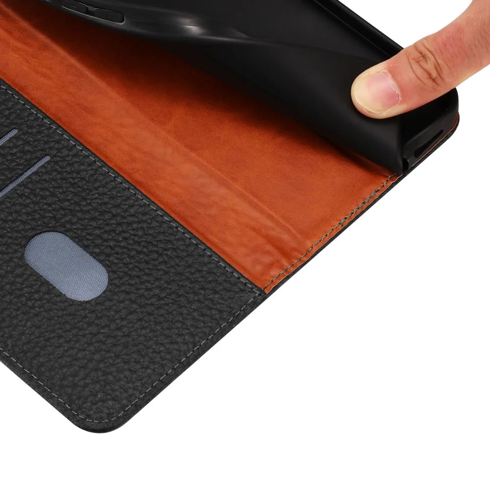For T-Mobile T Phone 3 / T-Mobile REVVL 8 Case Wallet Stand Litchi Texture Genuine Cow Leather Flip Phone Cover - Black - 3
