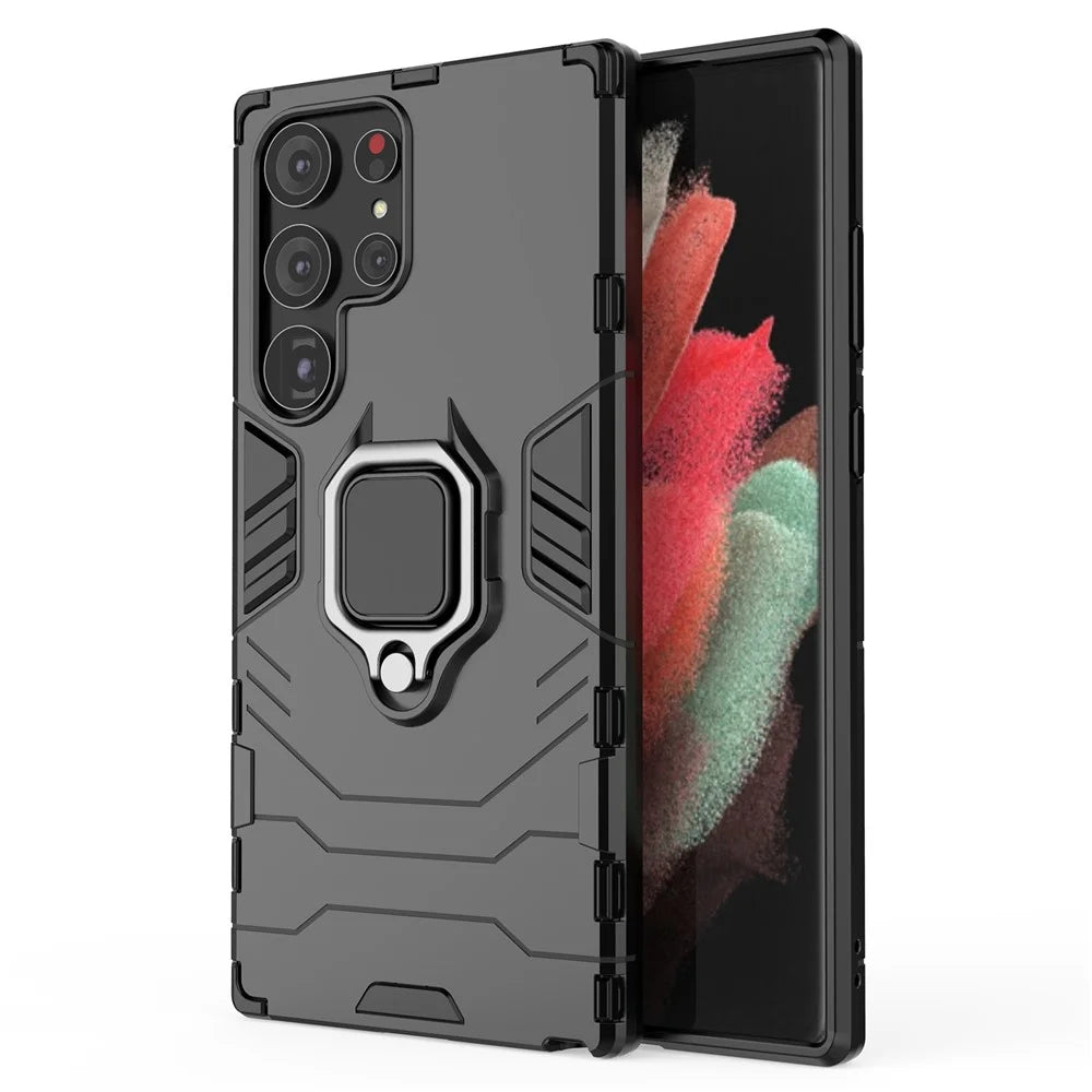 Anti-scratch Phone Case For Samsung Galaxy S23 Ultra, Ring Holder Kickstand Protective Phone Cover - Black - 1