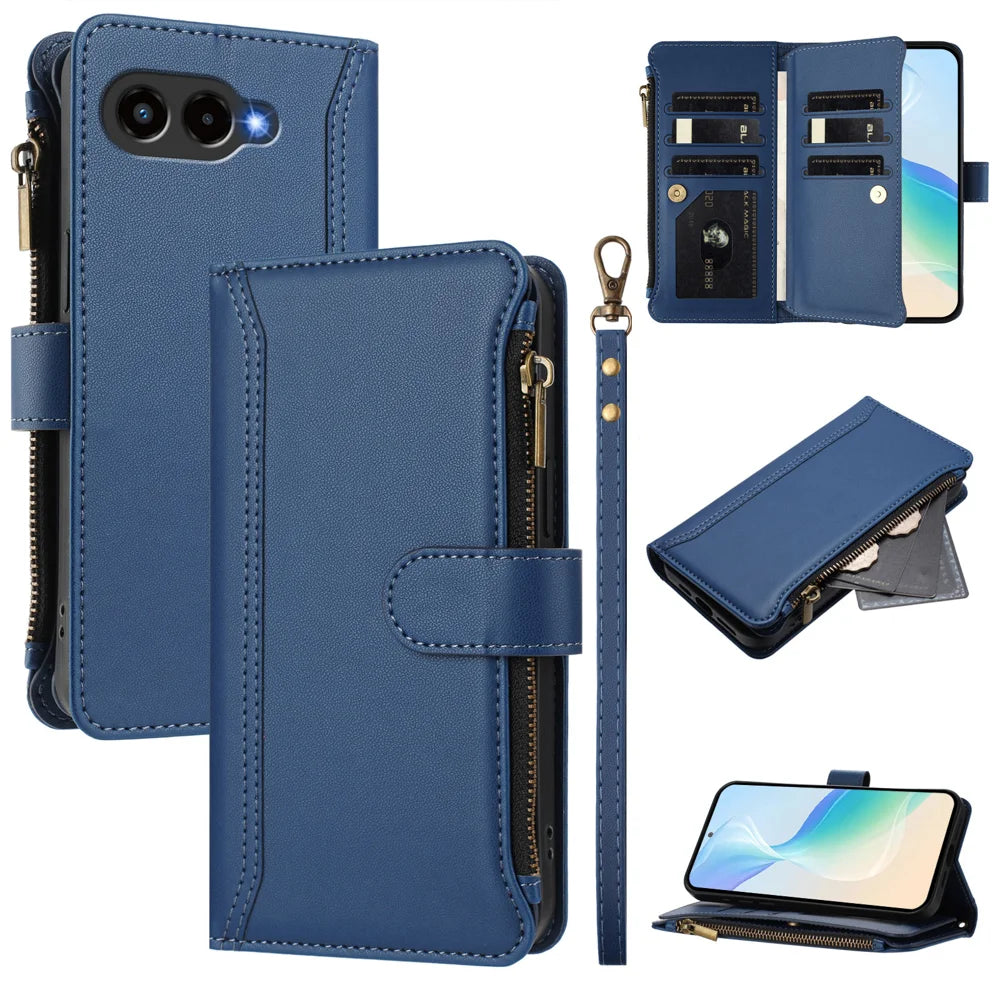 For T-Mobile T Phone 3 / T-Mobile REVVL 8 Leather Case 9 Card Slots Zipper Wallet Stand Phone Cover with Wrist Strap - Dark Blue - 1