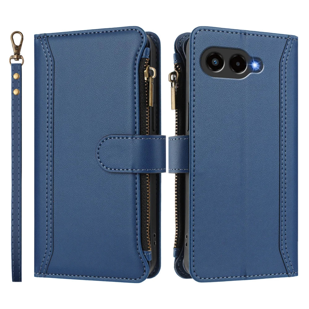 For T-Mobile T Phone 3 / T-Mobile REVVL 8 Leather Case 9 Card Slots Zipper Wallet Stand Phone Cover with Wrist Strap - Dark Blue - 3
