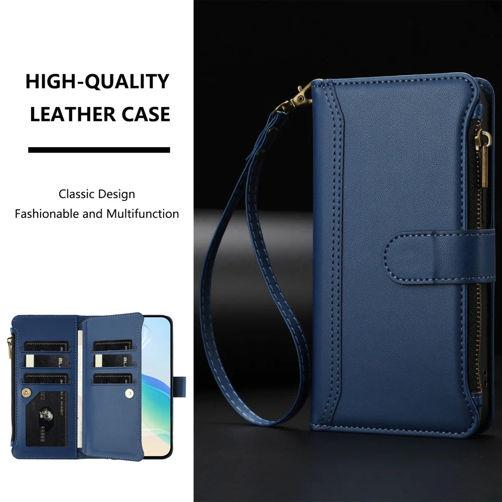 For T-Mobile T Phone 3 / T-Mobile REVVL 8 Leather Case 9 Card Slots Zipper Wallet Stand Phone Cover with Wrist Strap - Dark Blue - 6