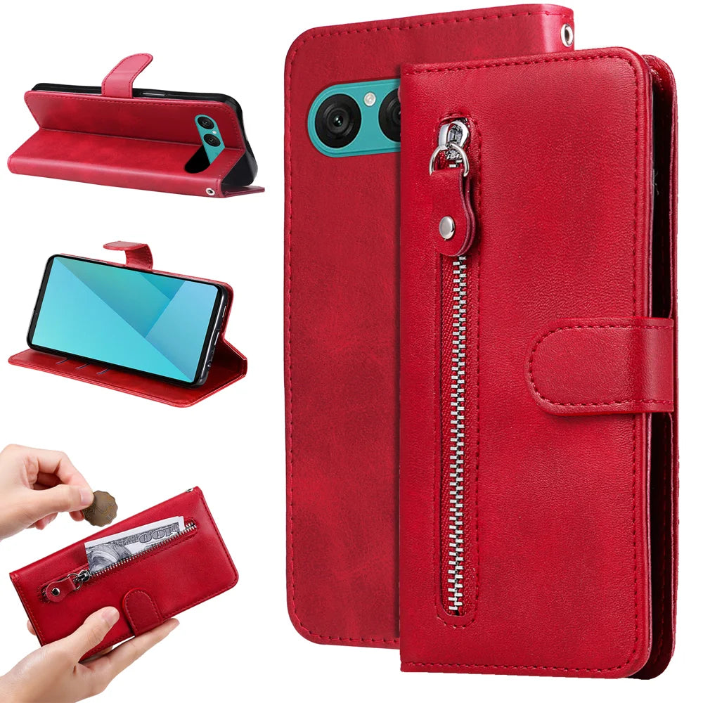 For Sony Xperia 10 VII PU Leather Cases with Zipper Pocket Wallet Phone Cover Stand - Red - 2