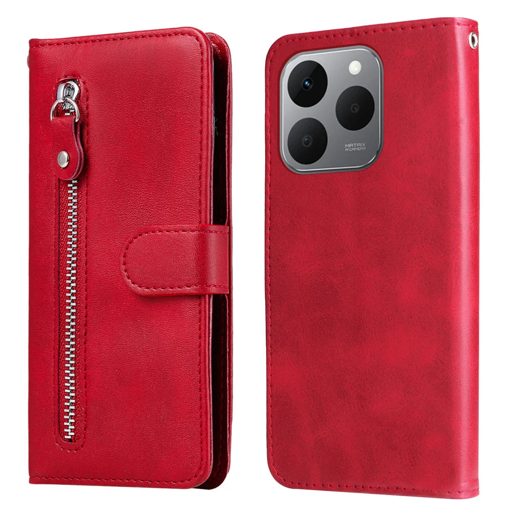 For Realme 15T 5G PU Leather Cases with Zipper Pocket Wallet Phone Cover Stand - Red - 1