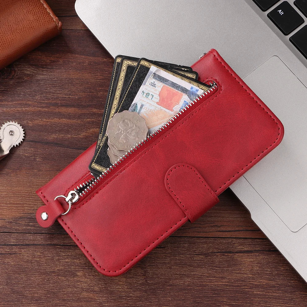 For Realme 15T 5G PU Leather Cases with Zipper Pocket Wallet Phone Cover Stand - Red - 6
