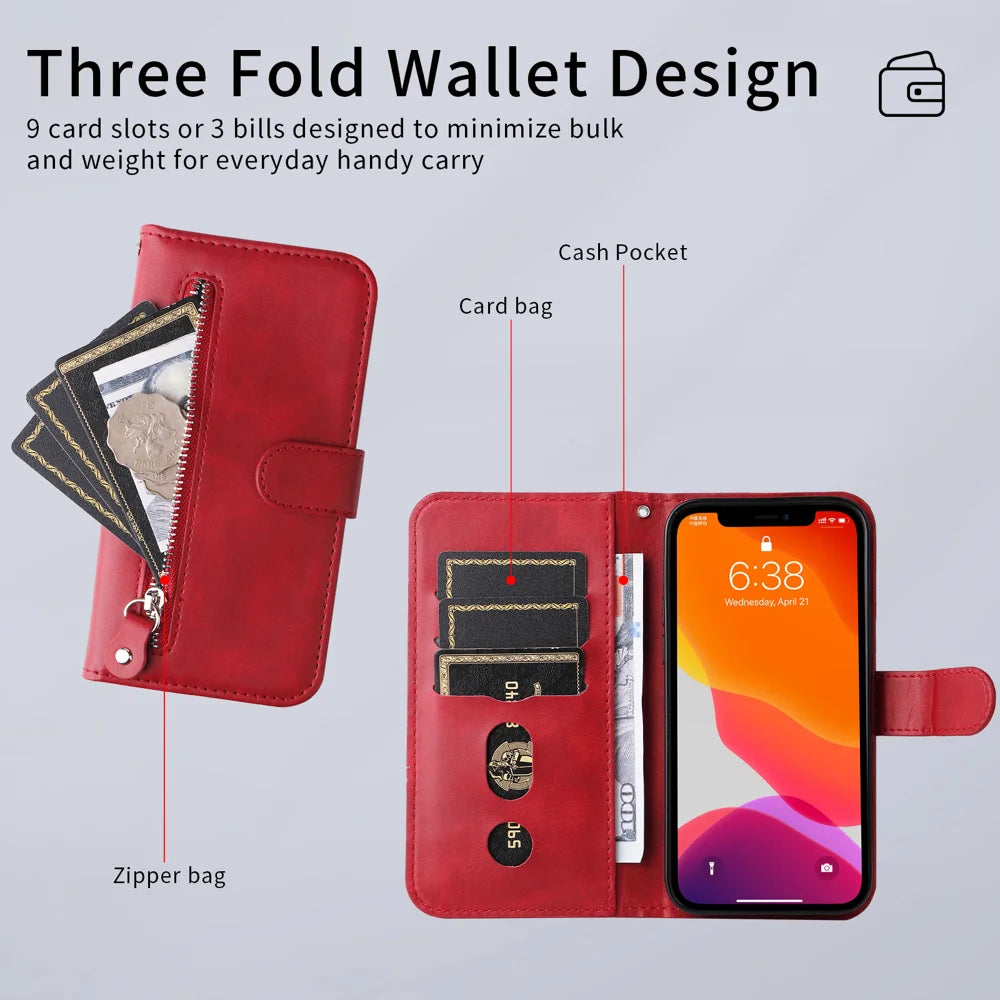 For Realme 15T 5G PU Leather Cases with Zipper Pocket Wallet Phone Cover Stand - Red - 7