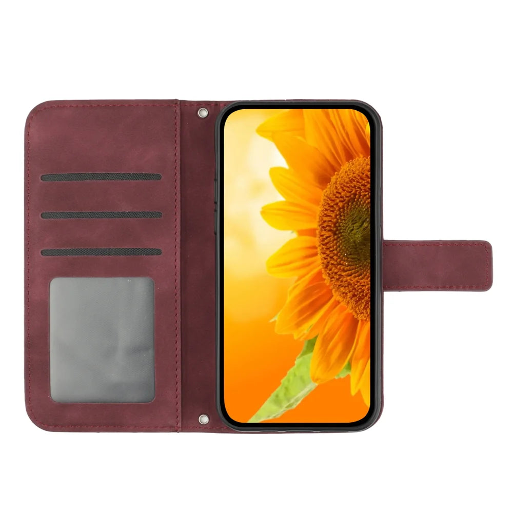 For T-Mobile T Phone 3 / T-Mobile REVVL 8 Case Sunflower Imprint Leather Wallet Phone Cover with Wrist Strap - Wine Red - 3