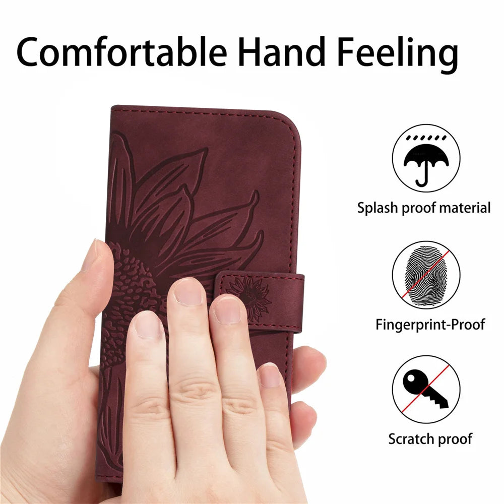 For T-Mobile T Phone 3 / T-Mobile REVVL 8 Case Sunflower Imprint Leather Wallet Phone Cover with Wrist Strap - Wine Red - 4