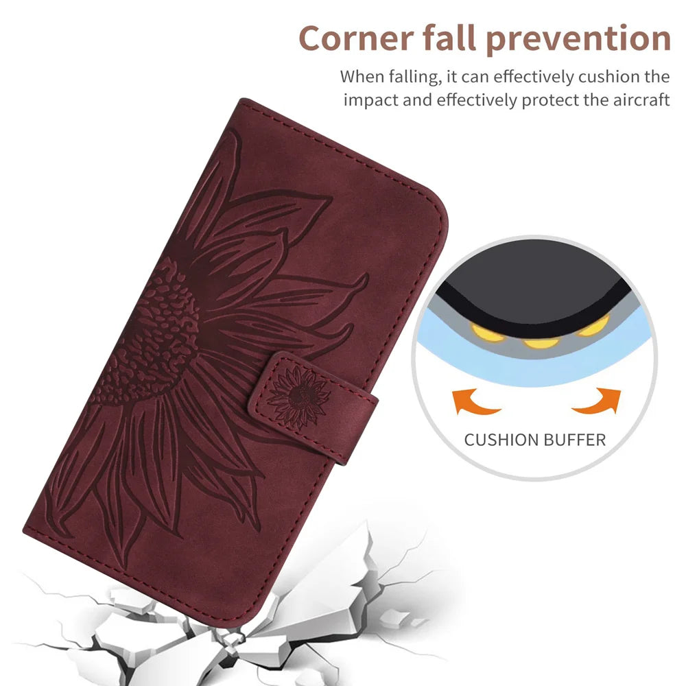 For T-Mobile T Phone 3 / T-Mobile REVVL 8 Case Sunflower Imprint Leather Wallet Phone Cover with Wrist Strap - Wine Red - 5